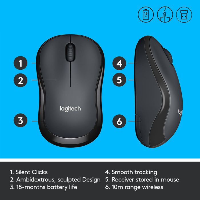 Logitech M220 Silent Souris Sans Fil Silencieuse, USB Nano, Capteur Optique 1000 dpi, Ambidextre, Autonomie 18 Mois, Charbon