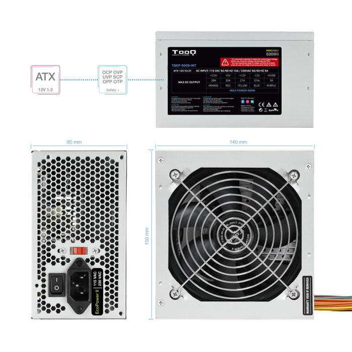 TooQ TQEP-500S Alimentation ATX 500W Ecopower II - Ventilateur Silencieux 120mm - Protection Haute Technologie
