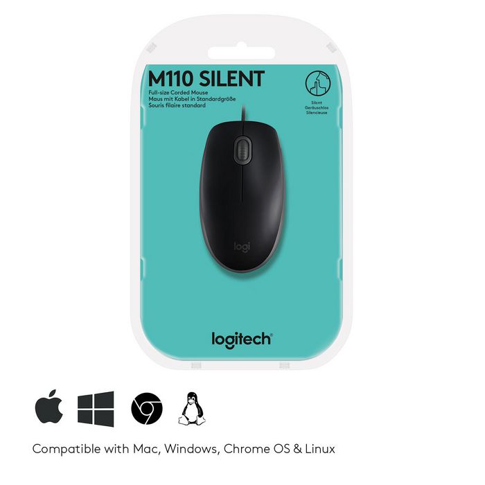 Logitech B110 Souris Filaire Silencieuse USB, Noir, Conception Ambidextre, 1000 DPI, Câble 1.8m, 85g Logitech B110 Souris Filaire Silencieuse USB, Noir, Conception Ambidextre, 1000 DPI, Câble 1.8m, 85g