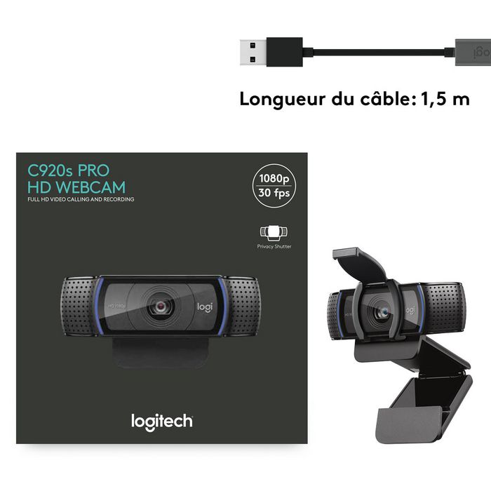Logitech C920s Webcam HD avec Obturateur de Confidentialité - Résolution 1080p/720p à 30 FPS - Champ de Vision 78° - Double Micro - Appels et Enregistrement en Full HD