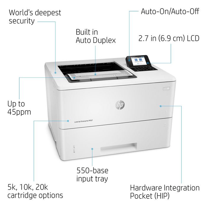 HP LaserJet Enterprise M507dn - Imprimante laser professionnelle 43ppm - Résolution 1200x1200 dpi - Impression recto verso - USB - Écran LCD 2.7"