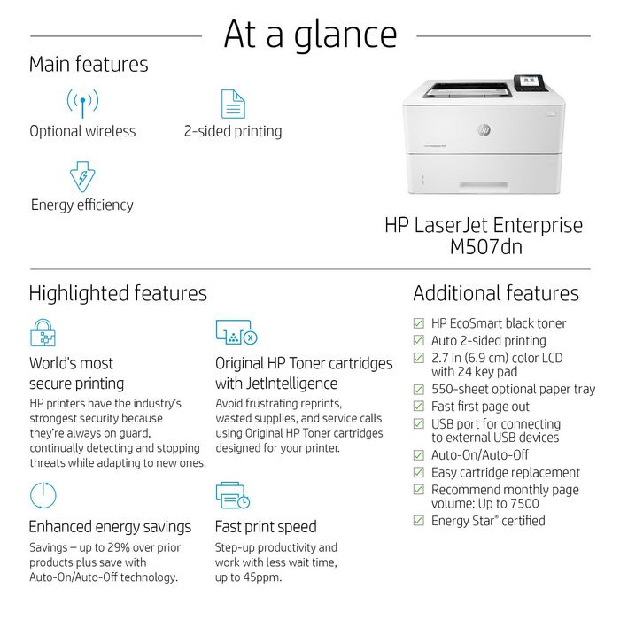 HP LaserJet Enterprise M507dn - Imprimante laser professionnelle 43ppm - Résolution 1200x1200 dpi - Impression recto verso - USB - Écran LCD 2.7"