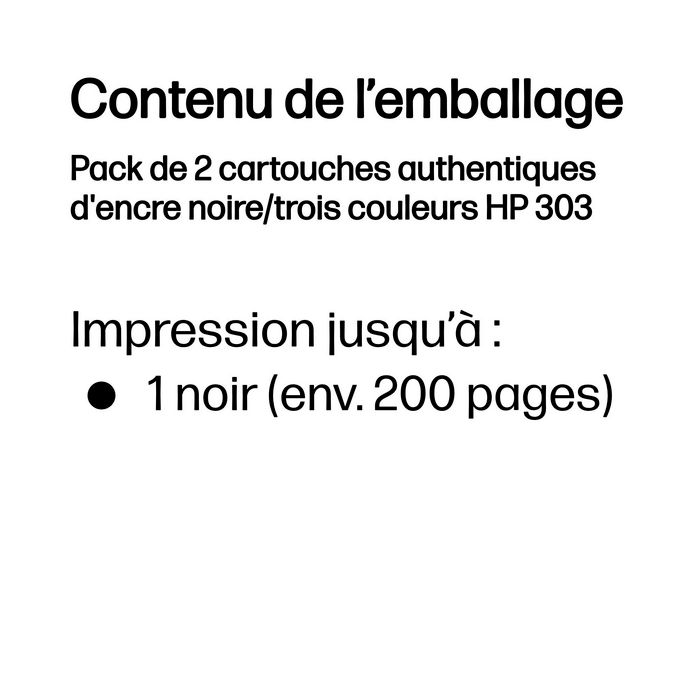 HP Pack de 2 cartouches d'encre authentiques noir et tricolore 303 pour impressions photos et documents professionnels HP Pack de 2 cartouches d'encre authentiques noir et tricolore 303 pour impressions photos et documents professionnels