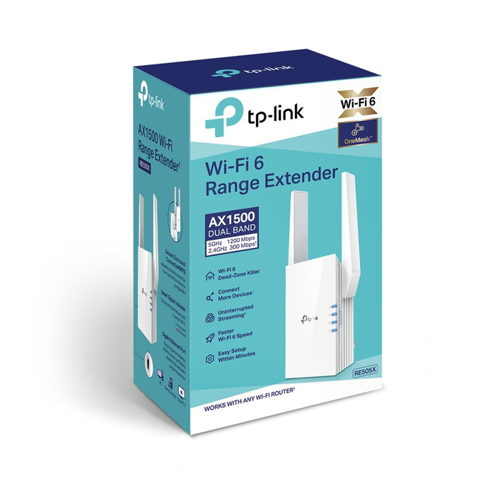 TP-Link RE505X Extenseur de Réseau Wi-Fi AX1500, Coberture Wi-Fi 6, Mesh OneMesh, Port Gigabit TP-Link RE505X Extenseur de Réseau Wi-Fi AX1500, Coberture Wi-Fi 6, Mesh OneMesh, Port Gigabit
