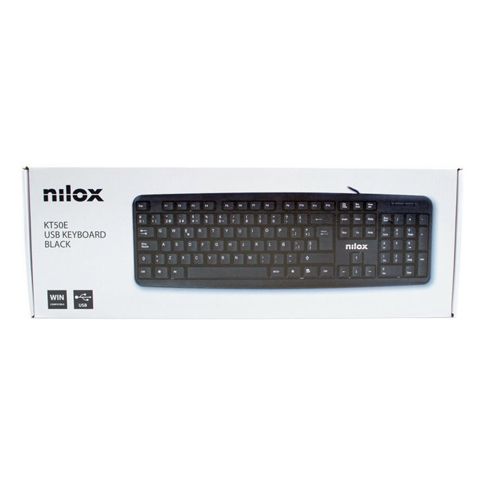 Nilox Clavier USB Noir AZERTY - 105 Touches Full-Size, Membrane Silencieuse, Plug & Play, Compatible Windows