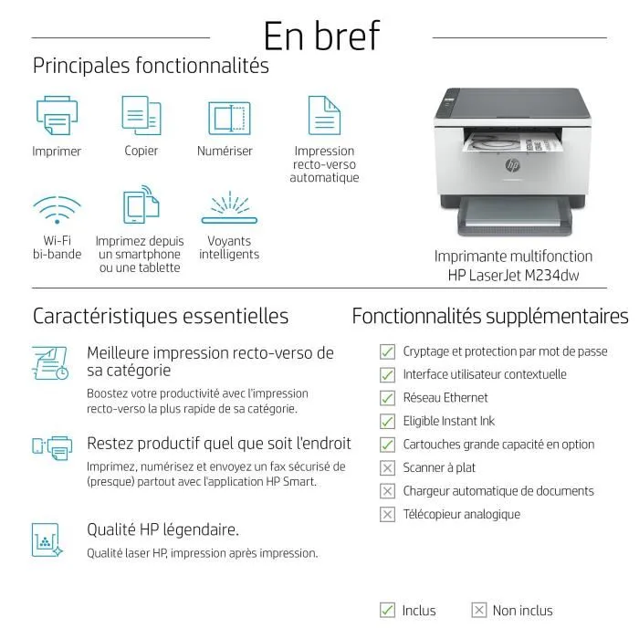 Imprimante Multifonction Laser Noir et Blanc HP LaserJet M234dw - 29 ppm, Wi-Fi, Duplex Auto, A4