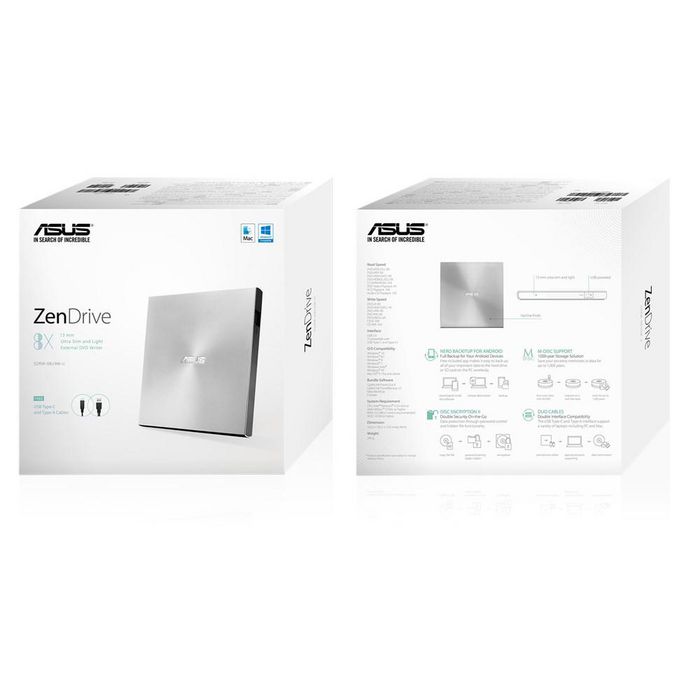 Asus ZenDrive U9M Graveur Externe DVD/CD Ultra-Fin Noir USB Type-C et Type-A avec Support M-DISC pour Sauvegarde de Données sur 1000 Ans