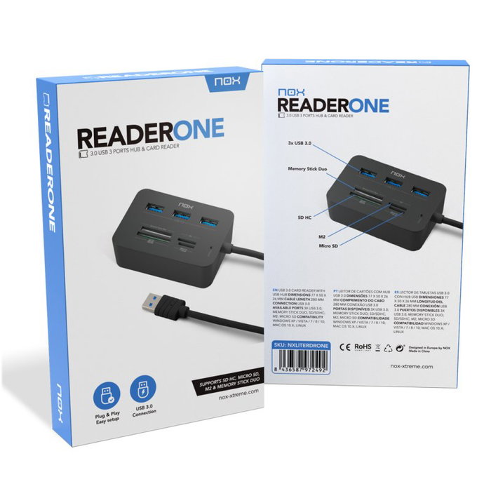 Nox NXLITERDRONE Lecteur de cartes et Hub USB 3.0, multilecteur SD/SDHC/M2/Micro SD, 3 ports USB 3.0, compact