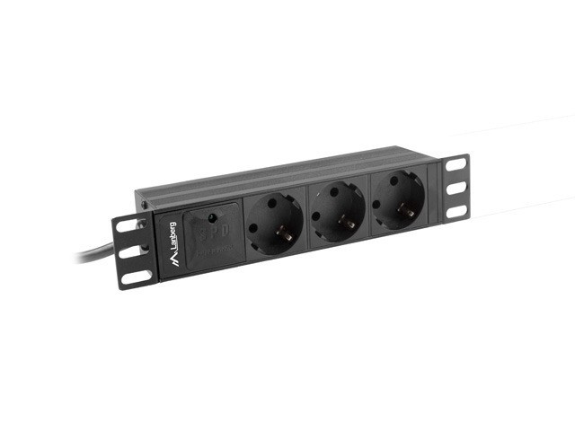 Lanberg Reglette Professionnelle 3 Prises Schuko 16A 4000W Aluminium Noir 1U 10" Câble 2m