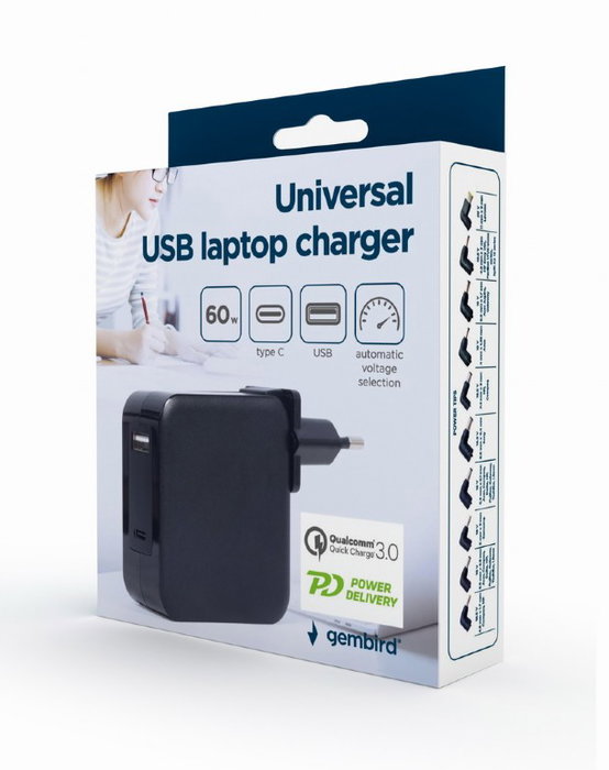 GEMBIRD Chargeur universel portable 60W avec câble USB-C et câble à 10 connecteurs