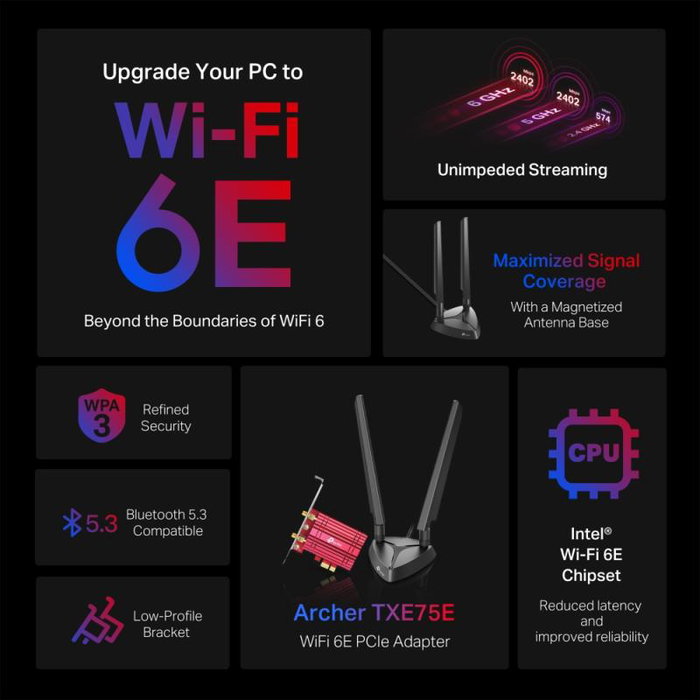 TP-Link Archer TXE75E, Adaptateur réseau WiFi 6E, Bluetooth, 574 + 1201 + 4804 Mbps, USB 3.0, 2.4 GHz/5 GHz/6 GHz, AXE5400