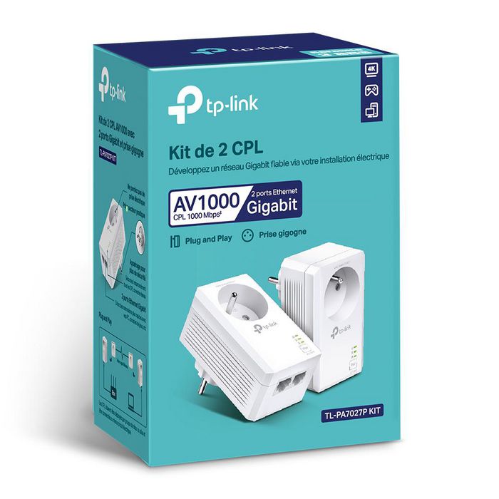 TP-Link Kit CPL TL-PA7027P - 2 Adaptateurs Gigabit HomePlug AV2 jusqu'à 1000 Mbps, 2 Ports Ethernet, Branchez et Utilisez TP-Link Kit CPL TL-PA7027P - 2 Adaptateurs Gigabit HomePlug AV2 jusqu'à 1000 Mbps, 2 Ports Ethernet, Branchez et Utilisez