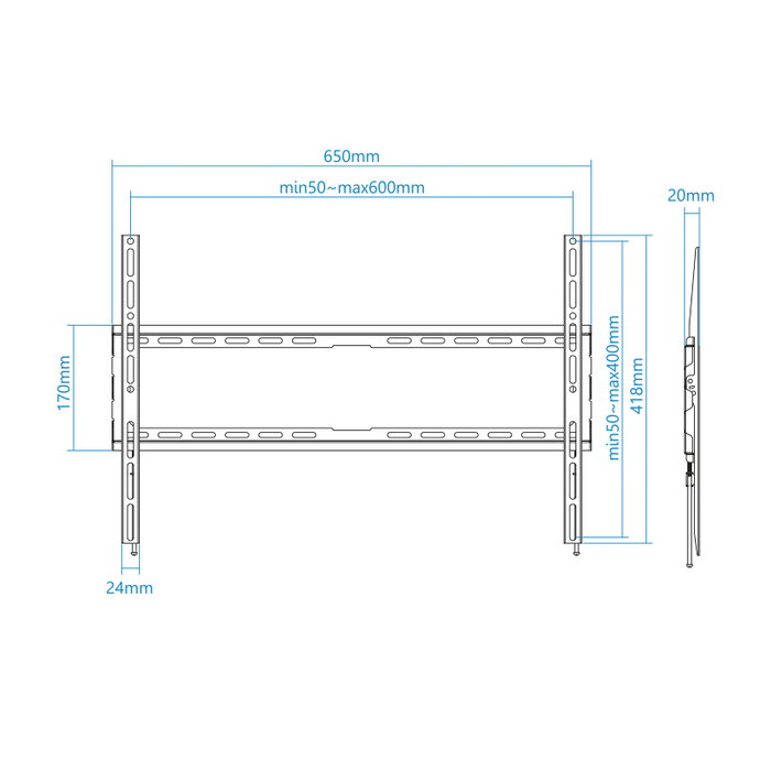 TooQ Support Mural pour TV et Écran 37"-80" VESA 200x200 à 600x400 mm, Noir, Distance Mur 20 mm