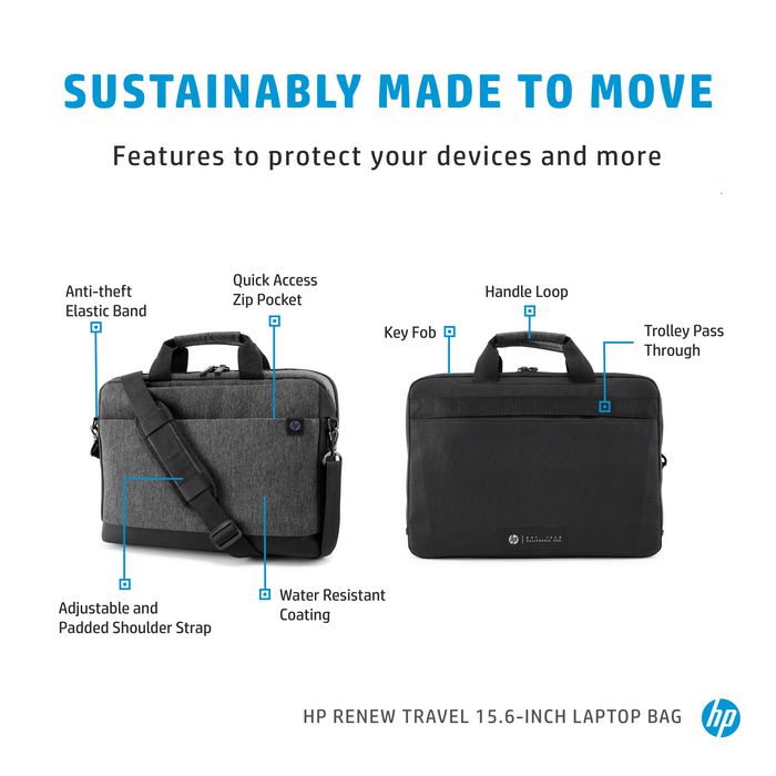 HP Sacoche Renouvelée Renew pour Ordinateur Portable 15.6 Pouces, Poches d'Organisation et Sangle, Imperméable, Fabriqué en Plastique Recyclé