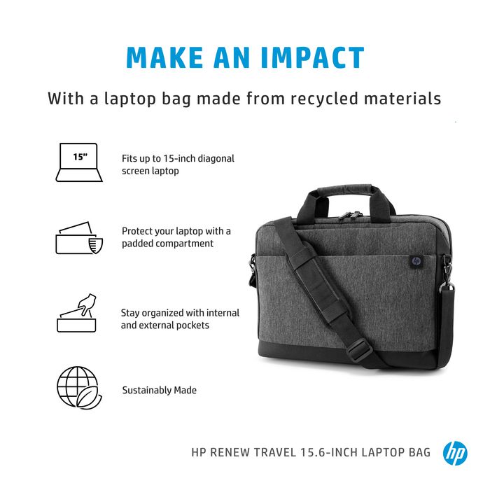 HP Sacoche Renouvelée Renew pour Ordinateur Portable 15.6 Pouces, Poches d'Organisation et Sangle, Imperméable, Fabriqué en Plastique Recyclé
