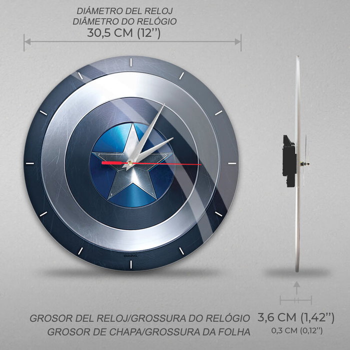 Captain America Horloge murale Marvel - Diamètre 30,5 cm avec cadran brillant, mécanisme silencioux, alimentation par pile AA