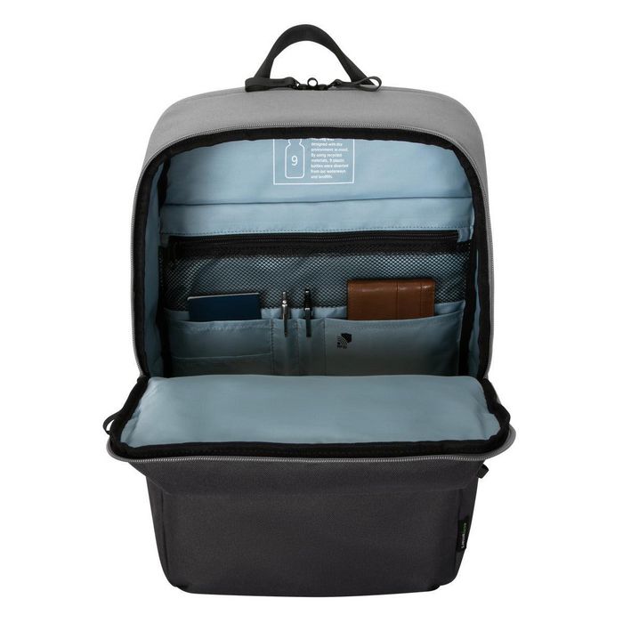 Targus Sagano EcoSmart Travel Backpack pour PC Portable 15.6 Pouces, Noir/Gris, Fabriqué à partir de Bouteilles Recyclées, Protection SafePort, Anti-RFID, Taille: 33 x 19 x 53 cm