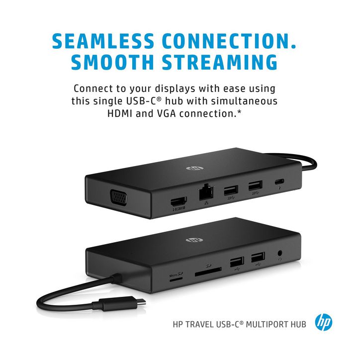HP Travel USB-C Multi Port Hub - Concentrateur USB-C avec 6 ports (HDMI, VGA, Ethernet RJ45 Gigabit, SD/Micro SD, charge 90W)