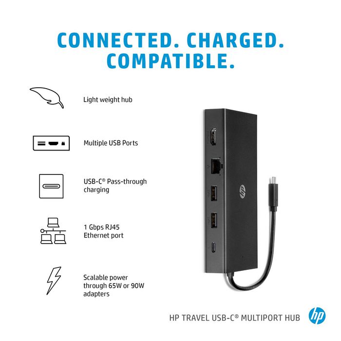 HP Travel USB-C Multi Port Hub - Concentrateur USB-C avec 6 ports (HDMI, VGA, Ethernet RJ45 Gigabit, SD/Micro SD, charge 90W)