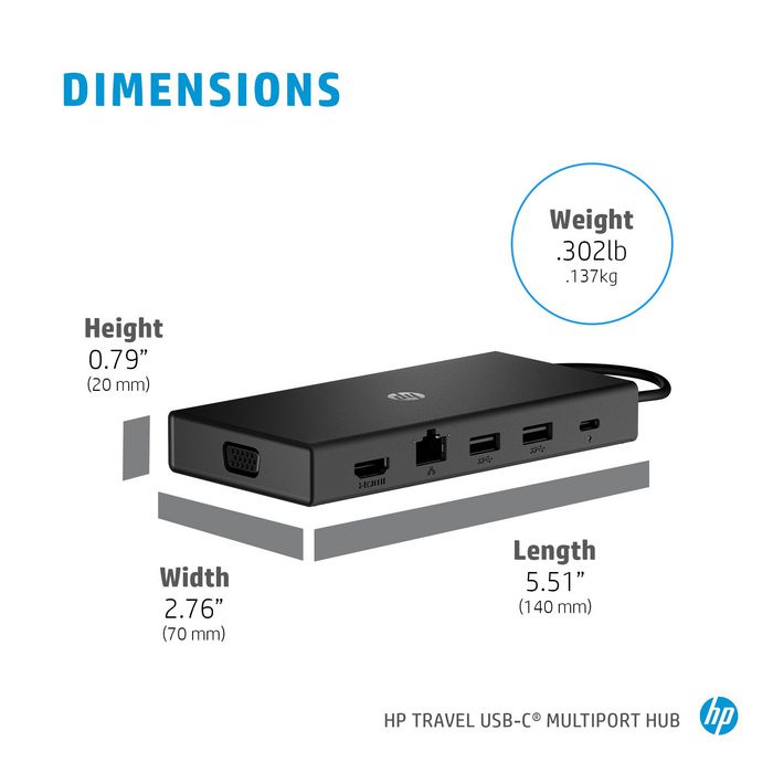 HP Travel USB-C Multi Port Hub - Concentrateur USB-C avec 6 ports (HDMI, VGA, Ethernet RJ45 Gigabit, SD/Micro SD, charge 90W)
