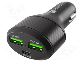 NATEC Chargeur de voiture CONEY 60W avec 2 ports USB-A et 1 port USB-C noir
