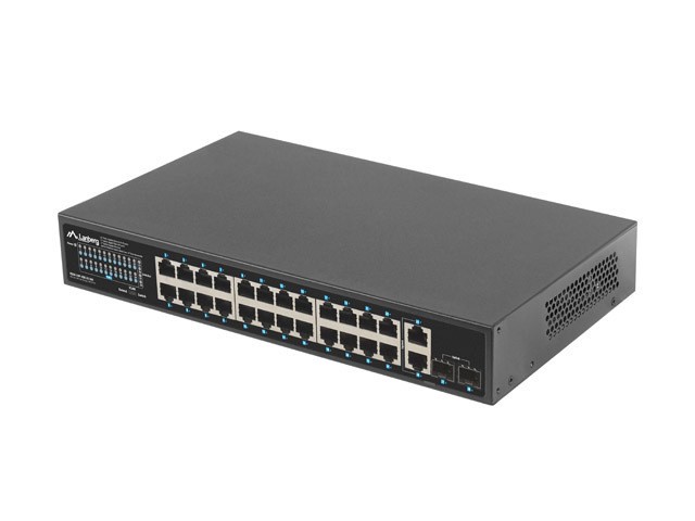 Lanberg Switch 24 Ports Gigabit PoE+ 360W avec 2 Ports Uplink et 2 Slots SFP, Rack 19 Pouces 1U, Non Administrable