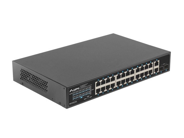 Lanberg Switch 24 Ports Gigabit PoE+ 360W avec 2 Ports Uplink et 2 Slots SFP, Rack 19 Pouces 1U, Non Administrable