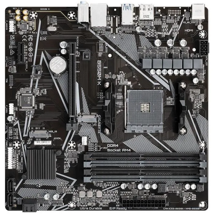 Gigabyte Carte mère B550M K Socket AM4 micro-ATX - Support AMD Ryzen 5000, DDR4 128 Go, PCIe 4.0, M.2, USB 3.2 Gen 1, LAN 1GbE
