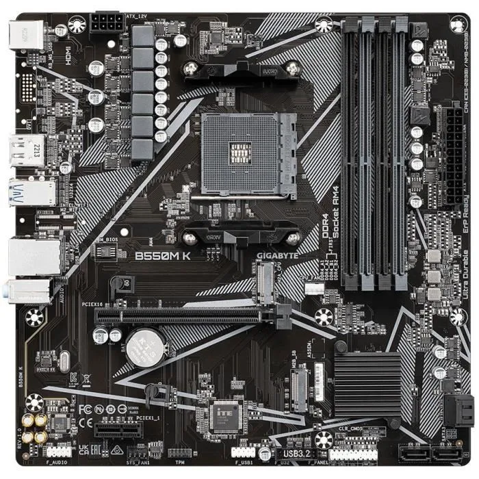 Gigabyte Carte mère B550M K Socket AM4 micro-ATX - Support AMD Ryzen 5000, DDR4 128 Go, PCIe 4.0, M.2, USB 3.2 Gen 1, LAN 1GbE