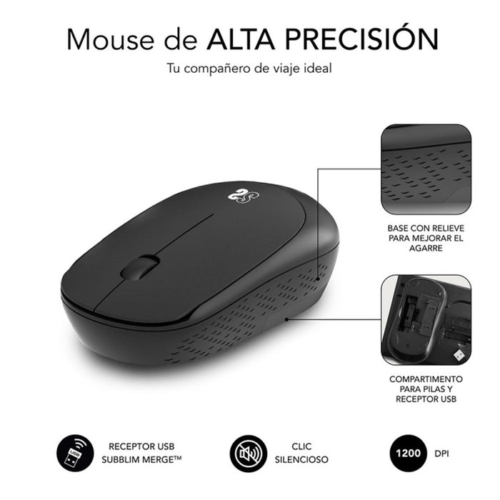 Subblim Souris Sans Fil Business Plus Silencieuse Noire – Ergonomique, 1200 DPI, USB Récepteur, Silent Click