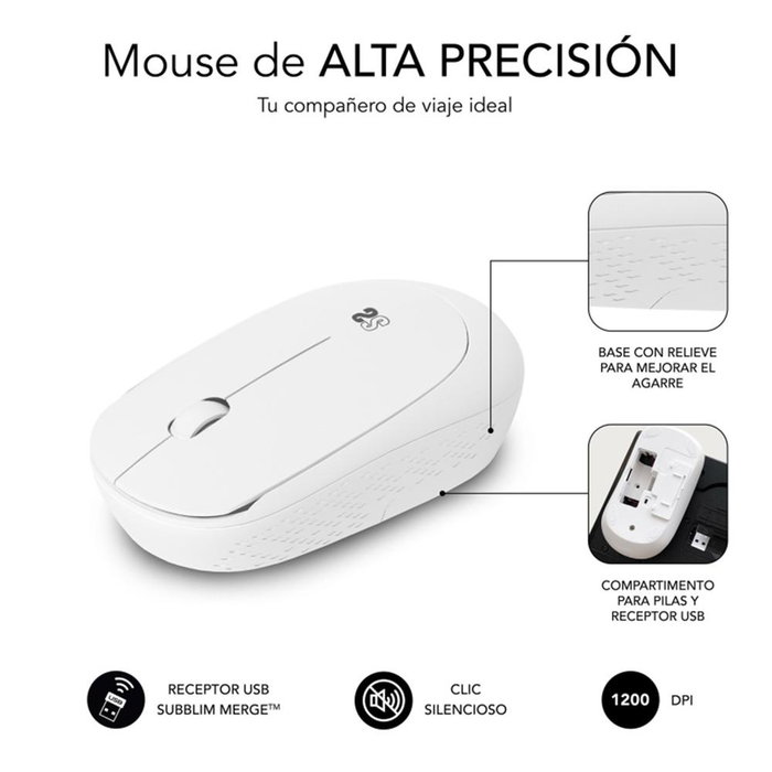 Subblim B2Sw011 Souris Sans Fil Silencieuse Ergonomic Ambidextre Blanc 1200 DPI USB