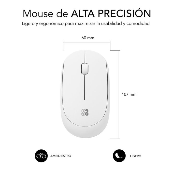 Subblim B2Sw011 Souris Sans Fil Silencieuse Ergonomic Ambidextre Blanc 1200 DPI USB