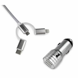 Subblim Chargeur de Voiture 12W avec Double Port USB-A et Câble 3 en 1 Argent
