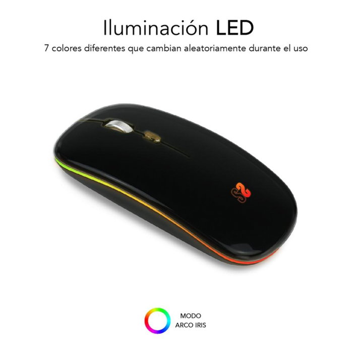 Subblim Submo LD Flat 1 Souris Sans Fil Bluetooth 5.1 & USB Rechargeable Silencieuse LED 7 Couleurs 1600 DPI Noir