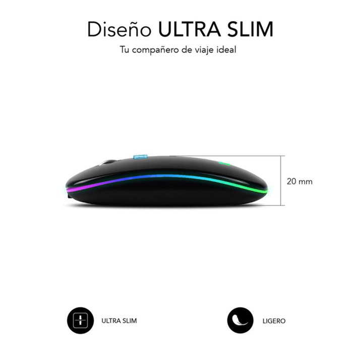Subblim Submo LD Flat 1 Souris Sans Fil Bluetooth 5.1 & USB Rechargeable Silencieuse LED 7 Couleurs 1600 DPI Noir