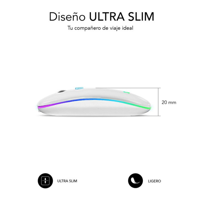 Subblim Ldflat2 Souris Sans Fil Bluetooth 5.1 USB Rechargeable Silencieuse LED 7 Couleurs Ambidextre 1600 DPI Blanc