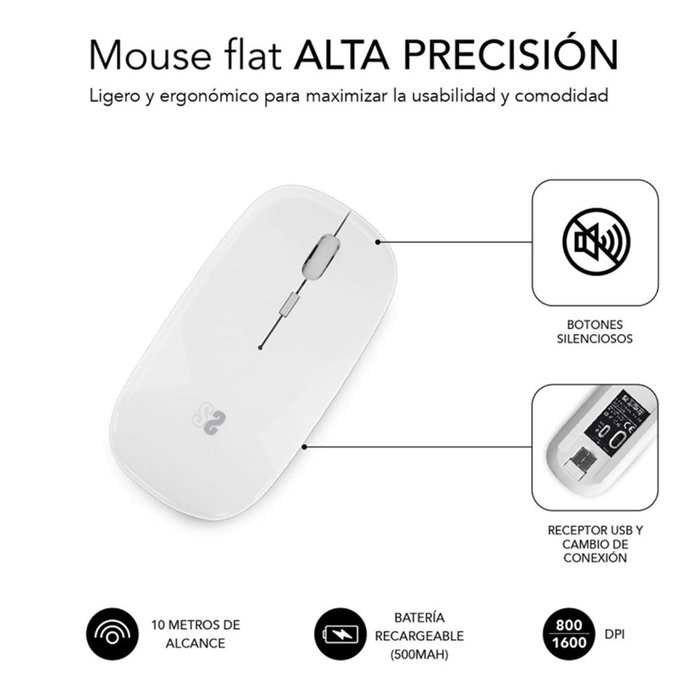 Subblim Raton Inalambrico Dual Flat - Souris Bluetooth 5.1 Silencieuse Ultra-plate Blanche 1600 DPI - Charge USB