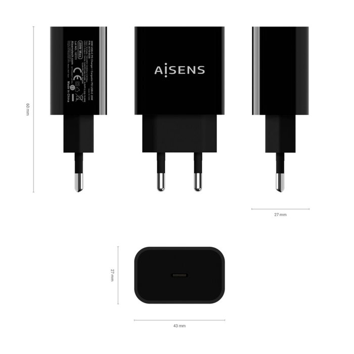 Chargeur mural Aisens A110-0538 Noir 50 W Chargeur mural Aisens A110-0538 Noir 50 W