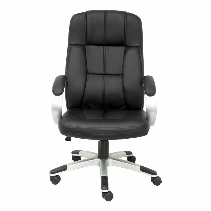 Fauteuil Tobarra Mécanisme d'inclinaison Cuir écologique Noir Structure polyamide grise Accoudoirs fixes Sans appui-tête Roulettes en nylon 50 mm