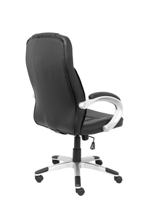 Fauteuil Tobarra Mécanisme d'inclinaison Cuir écologique Noir Structure polyamide grise Accoudoirs fixes Sans appui-tête Roulettes en nylon 50 mm