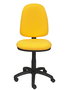Chaise de bureau Aýna avec mécanisme de contact permanent de base, rembourrée de tissu jaune. Équipée d'une base en polyamide noir, sans accoudoirs et de roulettes en nylon de 50 mm