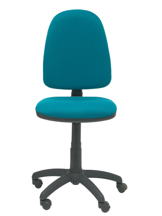 Chaise de bureau Aýna avec mécanisme Contact permanent de base, rembourrée de tissu vert pétrole. Équipée d'une base en polyamide noir, sans accoudoirs et de roulettes en nylon de 50 mm