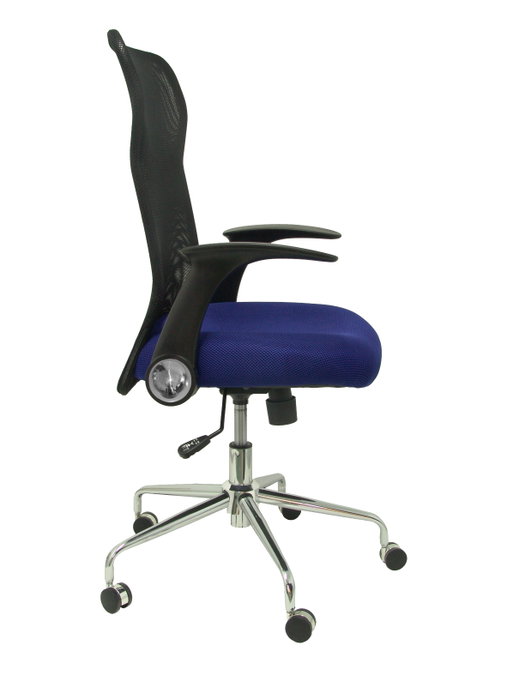 Chaise Minaya Mécanisme d'inclinaison tissu Bleu Maille Noir Structure chromée Accoudoirs relevables Sans appui-tête Roulettes en nylon 50 mm