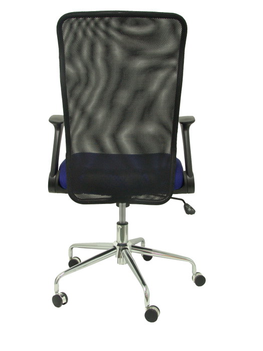 Chaise Minaya Mécanisme d'inclinaison tissu Bleu Maille Noir Structure chromée Accoudoirs relevables Sans appui-tête Roulettes en nylon 50 mm