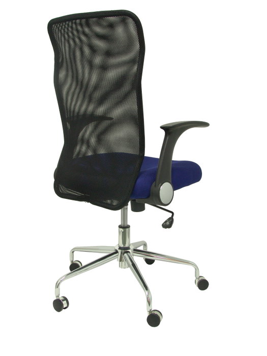 Chaise Minaya Mécanisme d'inclinaison tissu Bleu Maille Noir Structure chromée Accoudoirs relevables Sans appui-tête Roulettes en nylon 50 mm