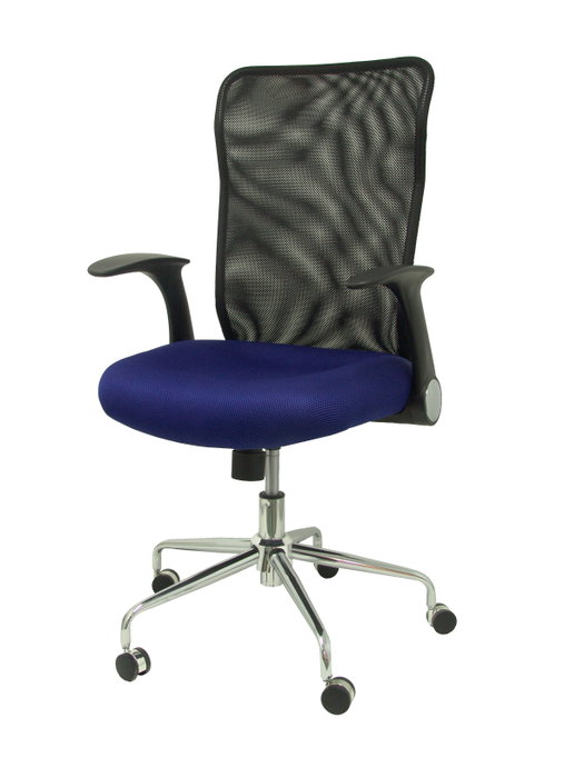 Chaise Minaya Mécanisme d'inclinaison tissu Bleu Maille Noir Structure chromée Accoudoirs relevables Sans appui-tête Roulettes en nylon 50 mm