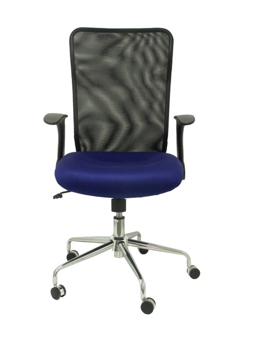 Chaise Minaya Mécanisme d'inclinaison tissu Bleu Maille Noir Structure chromée Accoudoirs relevables Sans appui-tête Roulettes en nylon 50 mm