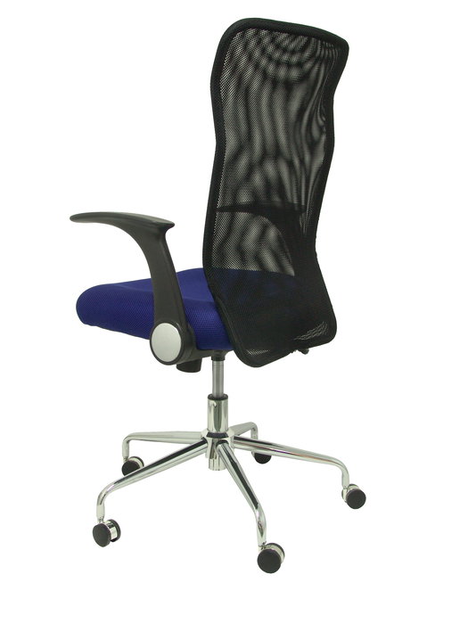 Chaise Minaya Mécanisme d'inclinaison tissu Bleu Maille Noir Structure chromée Accoudoirs relevables Sans appui-tête Roulettes en nylon 50 mm