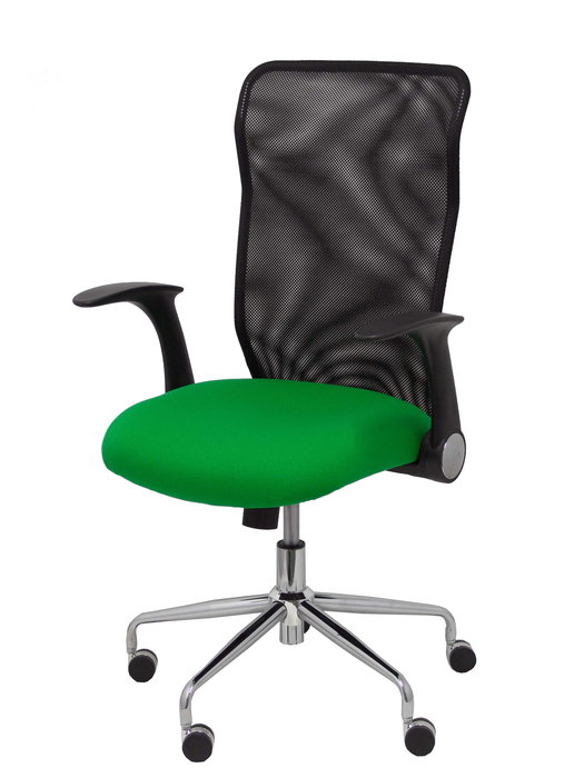 Chaise Minaya Mécanisme d'inclinaison tissu Vert Maille Noir Structure chromée Accoudoirs relevables Sans appui-tête Roulettes en nylon 50 mm Chaise Minaya Mécanisme d'inclinaison tissu Vert Maille Noir Structure chromée Accoudoirs relevables Sans appui-tête Roulettes en nylon 50 mm