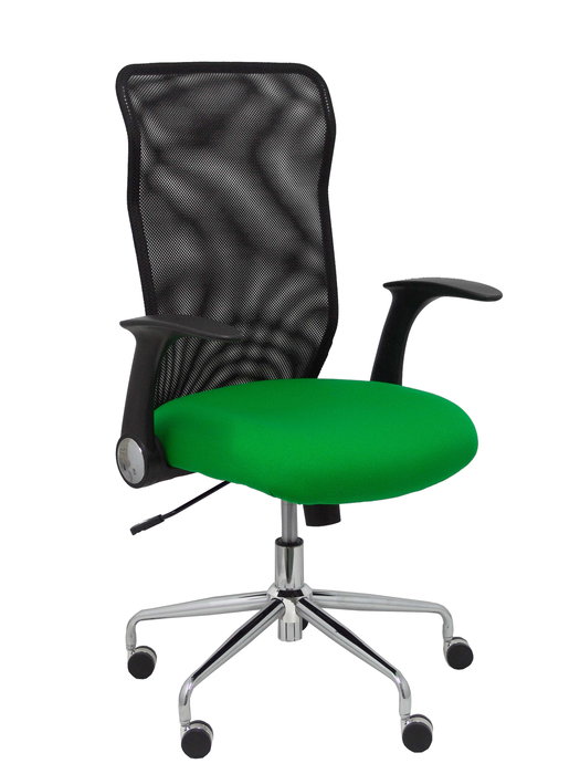 Chaise Minaya Mécanisme d'inclinaison tissu Vert Maille Noir Structure chromée Accoudoirs relevables Sans appui-tête Roulettes en nylon 50 mm Chaise Minaya Mécanisme d'inclinaison tissu Vert Maille Noir Structure chromée Accoudoirs relevables Sans appui-tête Roulettes en nylon 50 mm